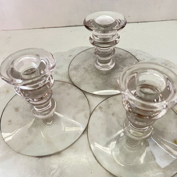 Set Of 3 Vtg Clear Pressed Glass Taper Candle Holder Mid-Century Ribbed Design - Picture 6 of 13